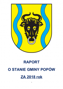 Obrazek przedstawiający herb gminy Popów oraz raport o stanie gminy Popów za rok 2018